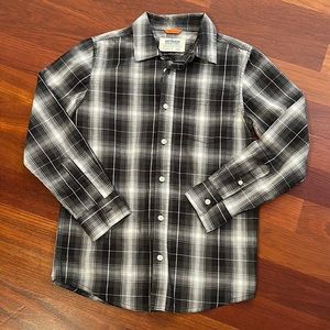Boys L gray/black/white button down shirt / large plaid